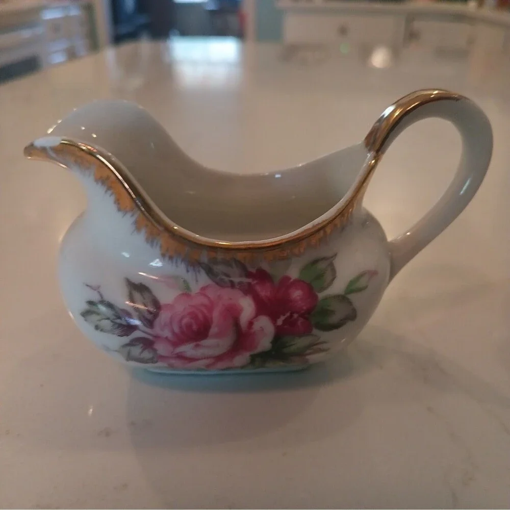 Vintage Lefton China Sugar Bowl & Creamer Hand Painted Gold Trim Tea Rose